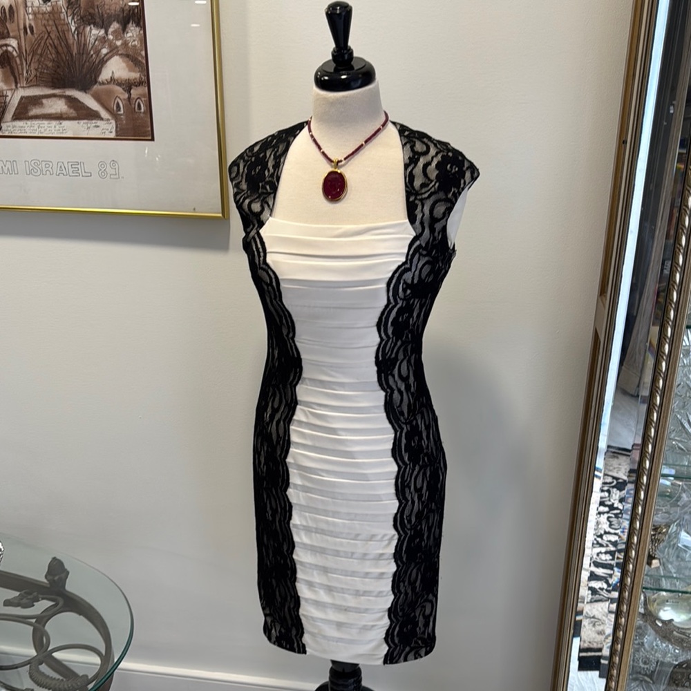 Cache White and Cream Sheath Dress with Scoop Neck